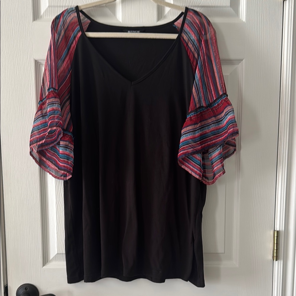 BloomChic Black Top with Colorful Striped Sleeves